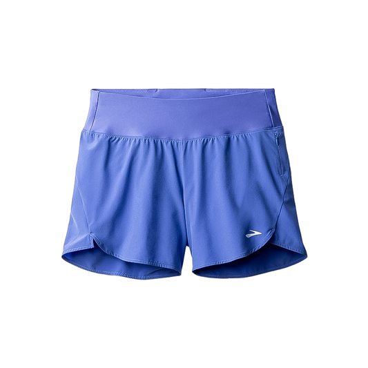 Blue Brooks women's running shorts with a white logo, featuring a semi-fitted design and adjustable waistband.
