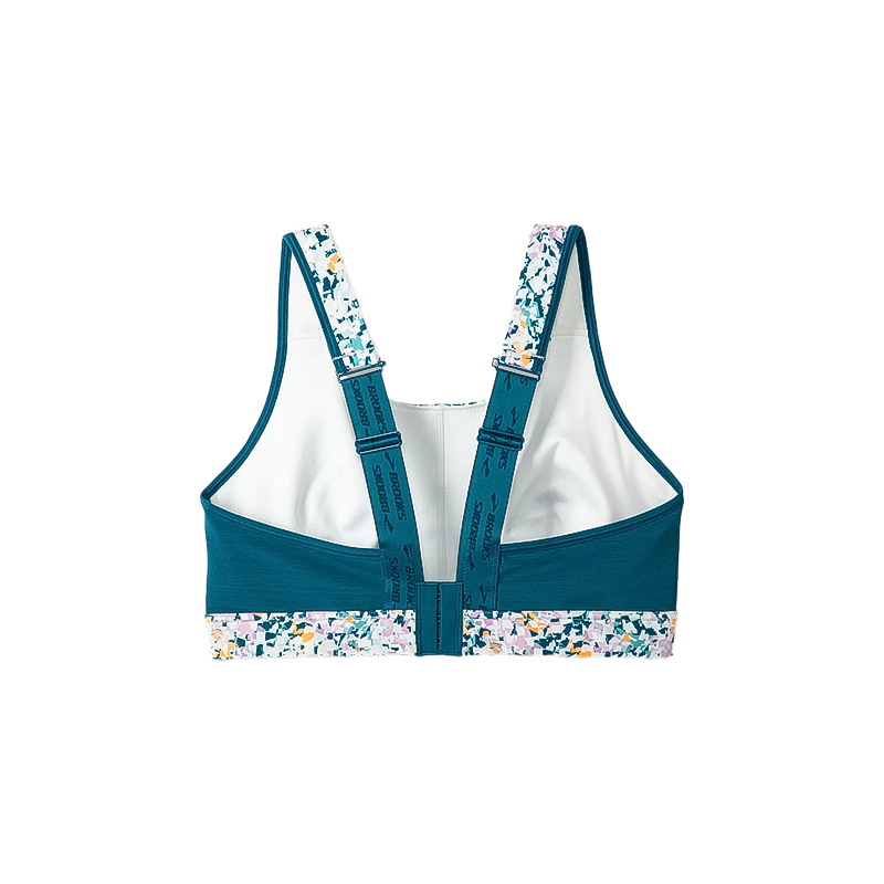 Abstract print sports bra with adjustable straps and moisture-wicking fabric for high-impact activities.