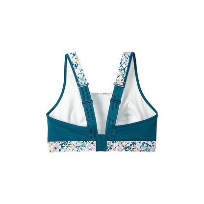 Abstract print sports bra with adjustable straps and moisture-wicking fabric for high-impact activities.