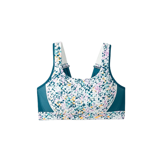 Women's abstract teal and white sports bra with adjustable straps for high-impact support.