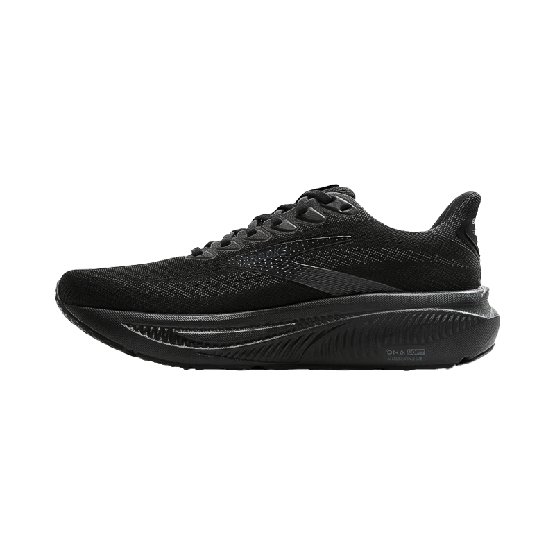 Black Brooks women's Ghost 17 running shoes designed for comfort and support with sustainable materials.