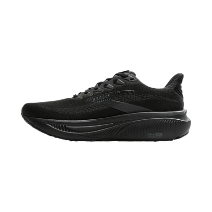 Black Brooks women's Ghost 17 running shoes designed for comfort and support with sustainable materials.