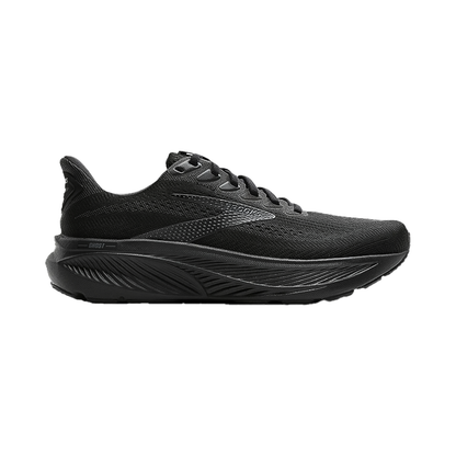 Brooks women's Ghost 17 running shoes in black with eco-friendly materials and superior cushioning.