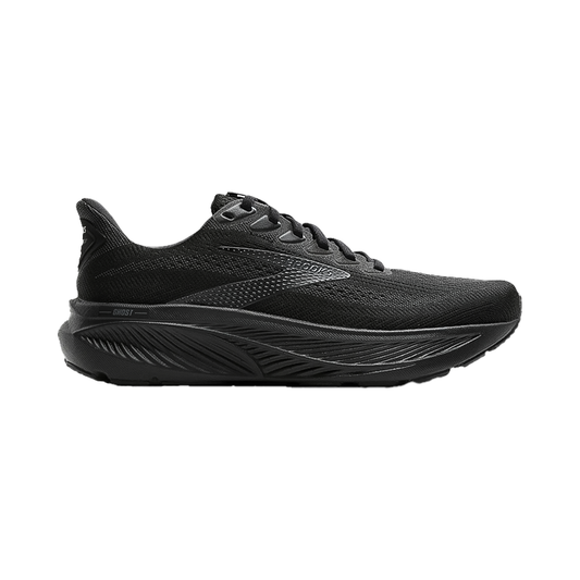 Brooks women's Ghost 17 running shoes in black with eco-friendly materials and superior cushioning.
