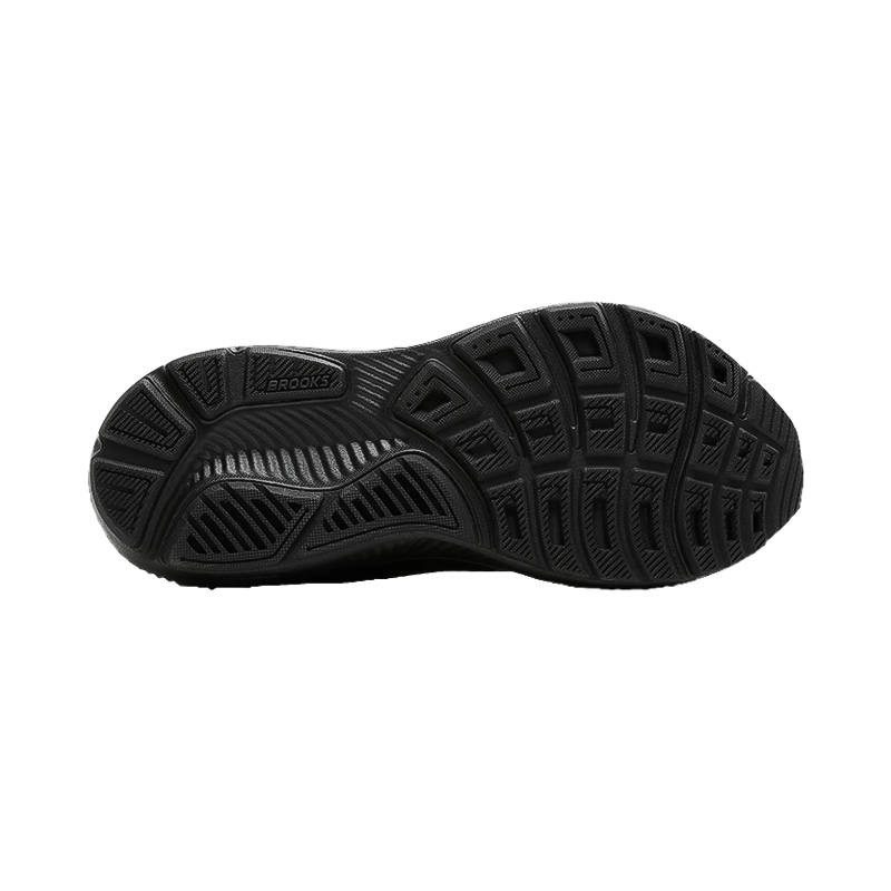 Black sole of a Brooks Ghost 17 shoe, highlighting its cushioning and tread for running efficiency.
