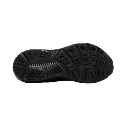 Black sole of a Brooks Ghost 17 shoe, highlighting its cushioning and tread for running efficiency.