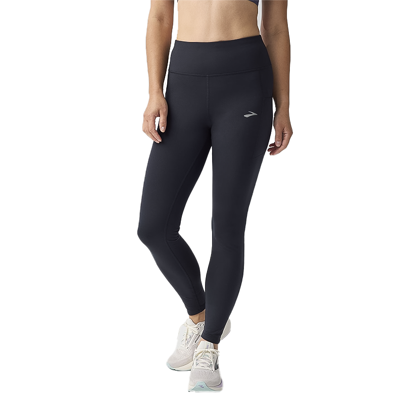 Black women's Brooks Momentum Thermal Tights 2.0 in stretchy fabric for warmth and comfort during cold runs.