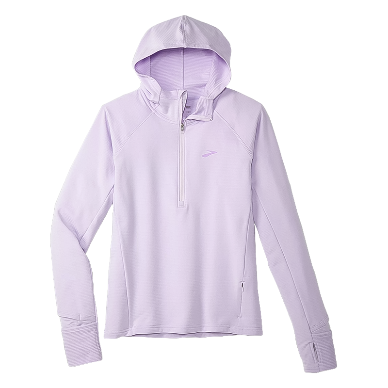 Purple Brooks women's hoodie with a hood, designed for cold weather running, featuring ventilation and a zipper pocket.