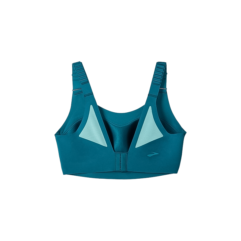 Women's teal and green sports bra with scoopback, mesh, and adjustable straps for high support.