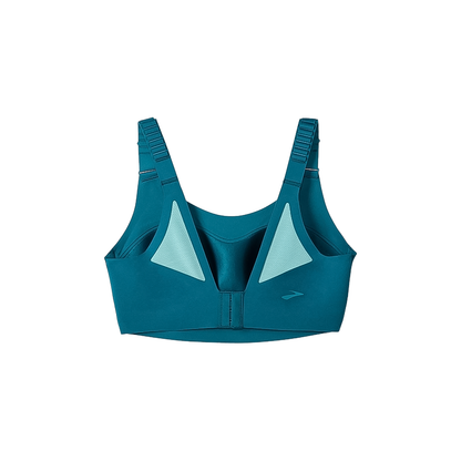 Women's teal and green sports bra with scoopback, mesh, and adjustable straps for high support.