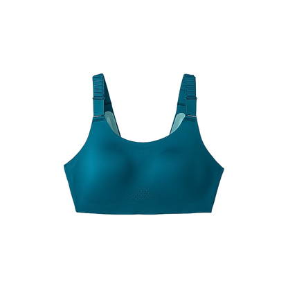 Teal blue women's sports bra with scoopback, mesh panels, and adjustable straps for high-impact support.