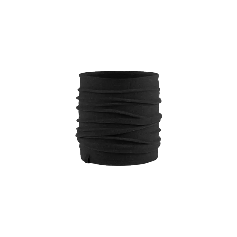 Black Merino fleece neck warmer on a white background, designed for warmth and comfort in cold weather activities.