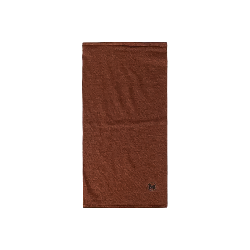 Buff neck warmer in brown, crafted from Merino wool, adaptable for multiple styles, ideal for outdoor adventures.