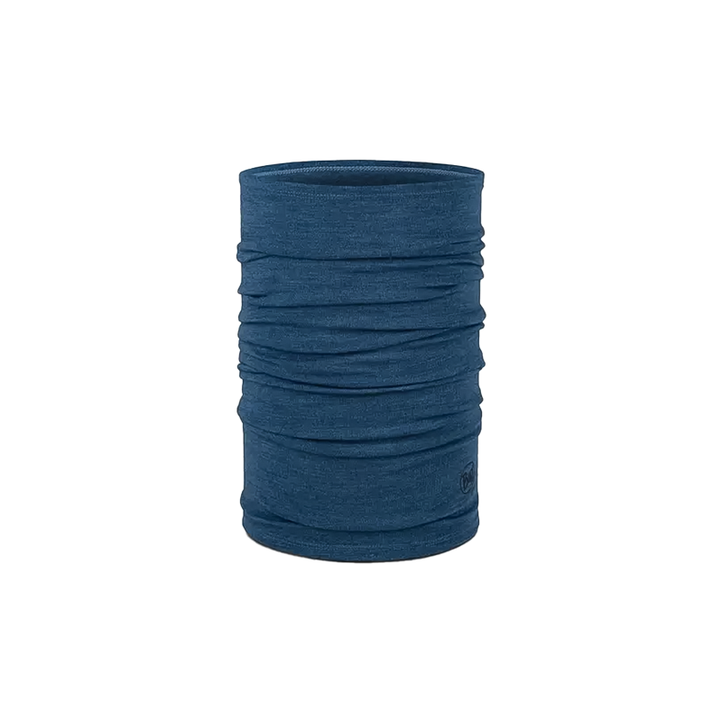 Blue Merino wool neck warmer, lightweight and versatile, adapts to 12 styles for comfort in various outdoor activities.