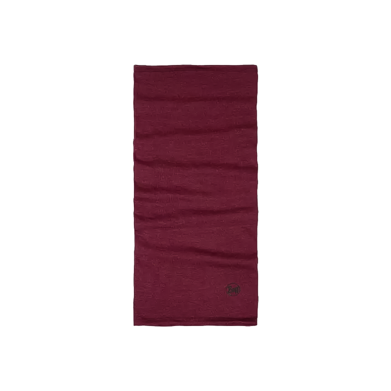 Soft, midweight Buff Merino neck warmer in red, versatile for over 12 styles, ideal for outdoor activities in various seasons.