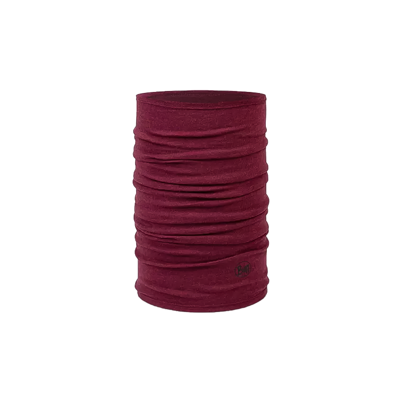 Red Buff Merino neck warmer made from eco-friendly wool, soft and lightweight, perfect for hiking and cold weather activities.