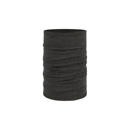 Gray Merino wool neck warmer on a white background, versatile for various styles and ideal for outdoor activities.