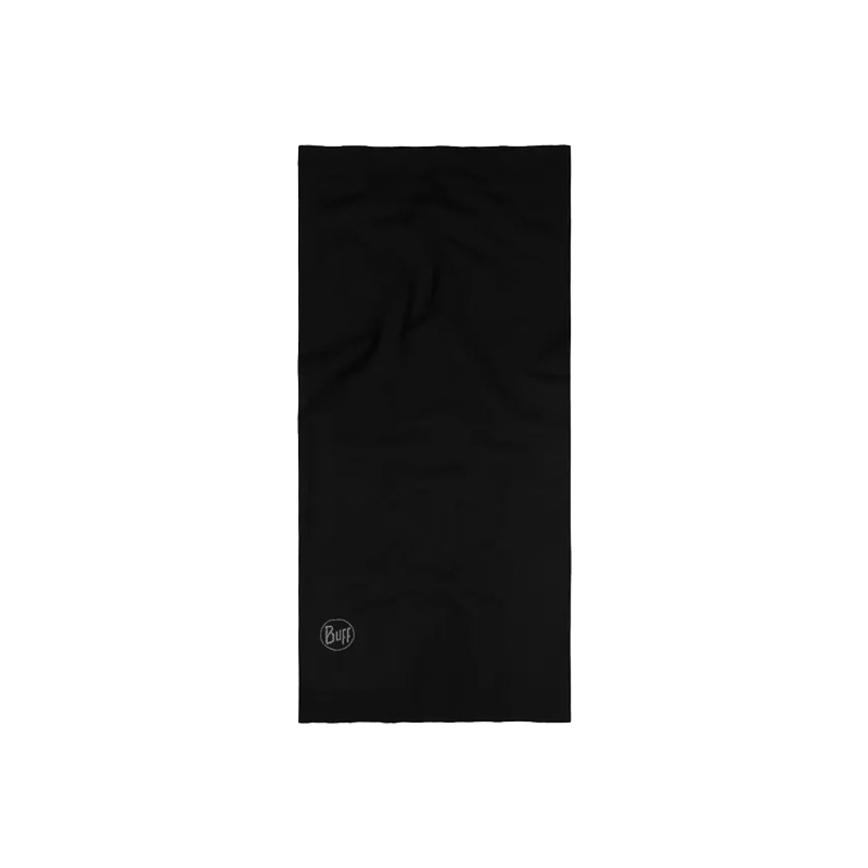 Black multifunctional neck gaiter by Buff, crafted from soft Merino wool for warmth and comfort in outdoor adventures.