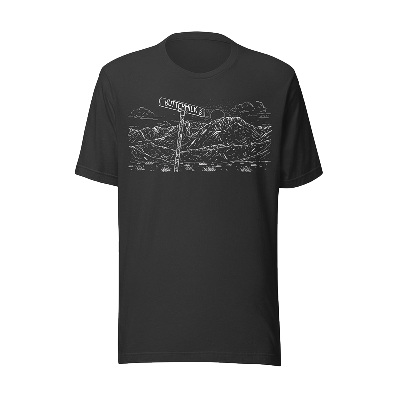 Grey t-shirt with a hand-drawn mountain and bouldering area.