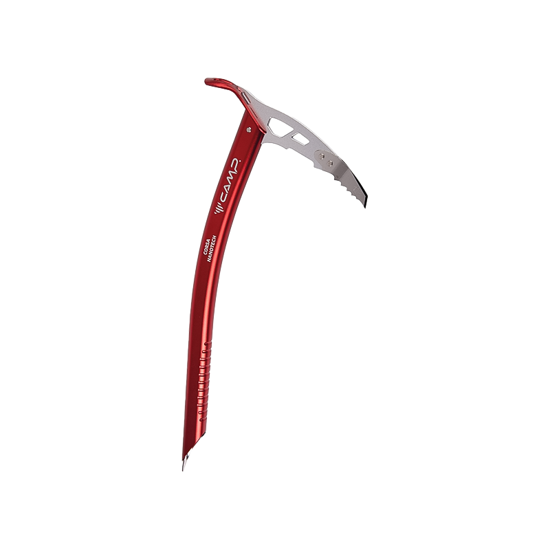 Red CAMP Corsa Nanotech ice axe with a textured handle, designed for ski mountaineering and glacier travel.
