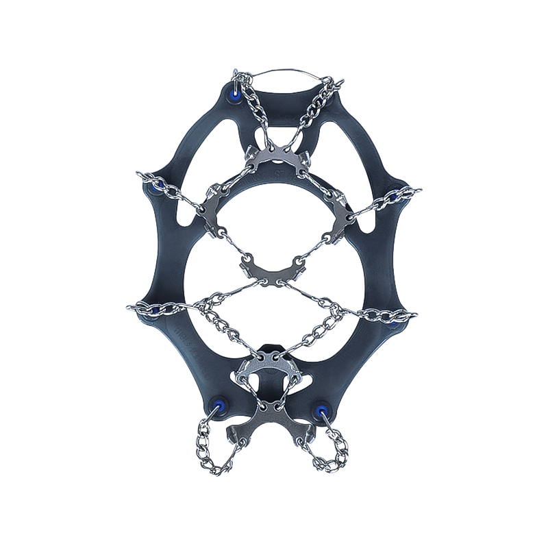 Blue snow shoe with stainless steel chains, designed for grip on icy terrain, available in four sizes.