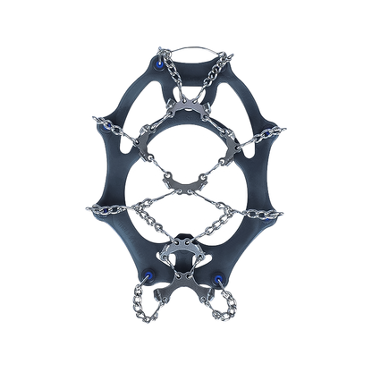 Blue snow shoe with stainless steel chains, designed for grip on icy terrain, available in four sizes.