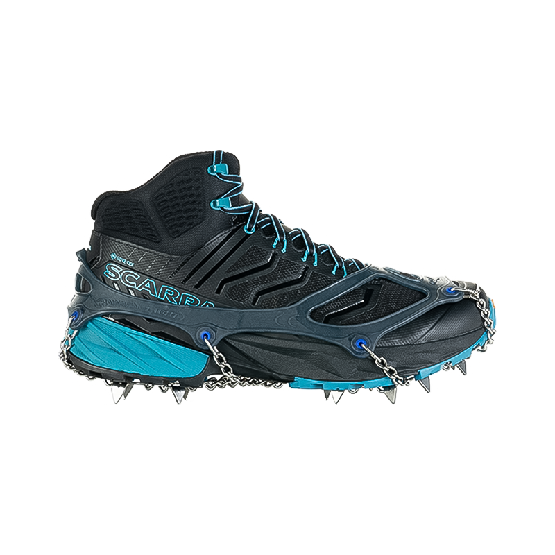 Black and blue running shoe with stainless steel chains on the bottom, designed for icy and packed snow terrain.