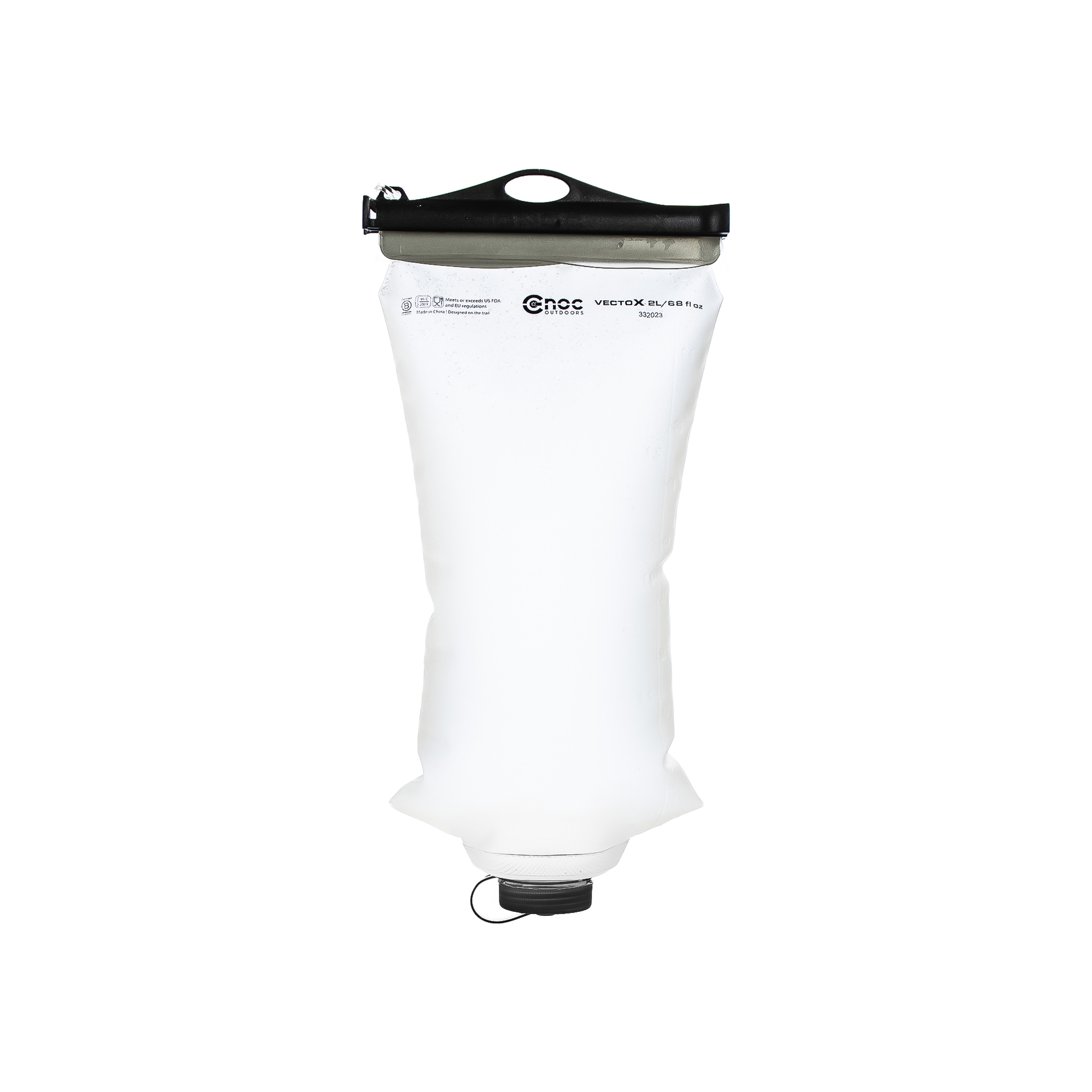 A clear collapsible water container with a black handle, designed for hiking and outdoor adventures, showcasing its ultralight features.