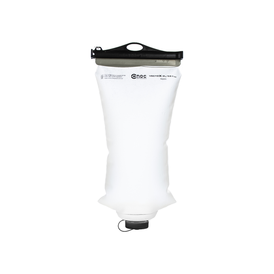 A clear collapsible water container with a black handle, designed for hiking and outdoor adventures, showcasing its ultralight features.