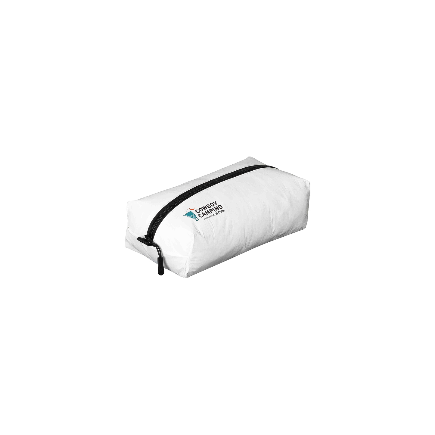 A white organizer pouch with black zipper, designed for organizing small essentials while camping or backpacking.