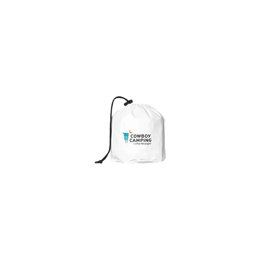 Lightweight white bag with logo, intended for transporting the Pot Wrangler for safe handling of hot cookware.