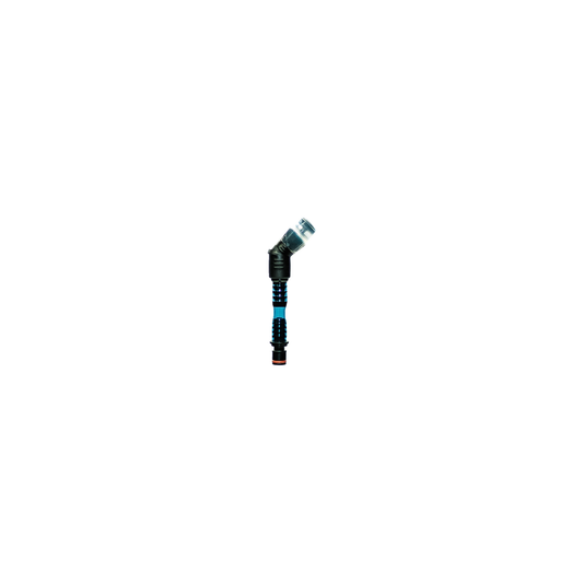 Black and blue hydration tube with a blue and white handle, designed for easy drinking during outdoor activities.