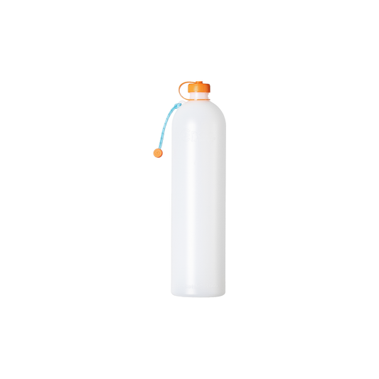 White plastic water bottle with an orange handle, designed for ultralight backpacking and compatible with popular water filters.