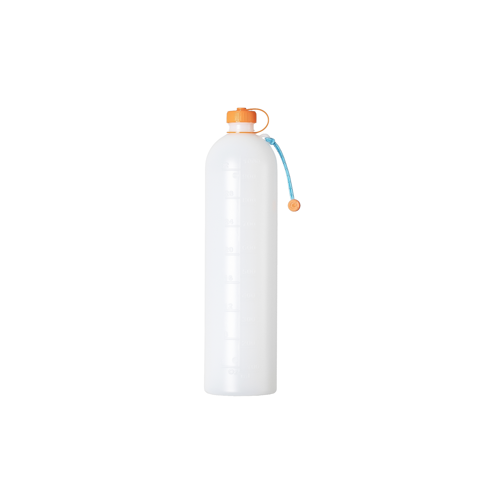 Slim white water bottle featuring an orange handle, ideal for hiking and everyday use, compatible with various water filters.