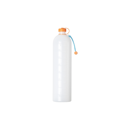 Slim white water bottle featuring an orange handle, ideal for hiking and everyday use, compatible with various water filters.