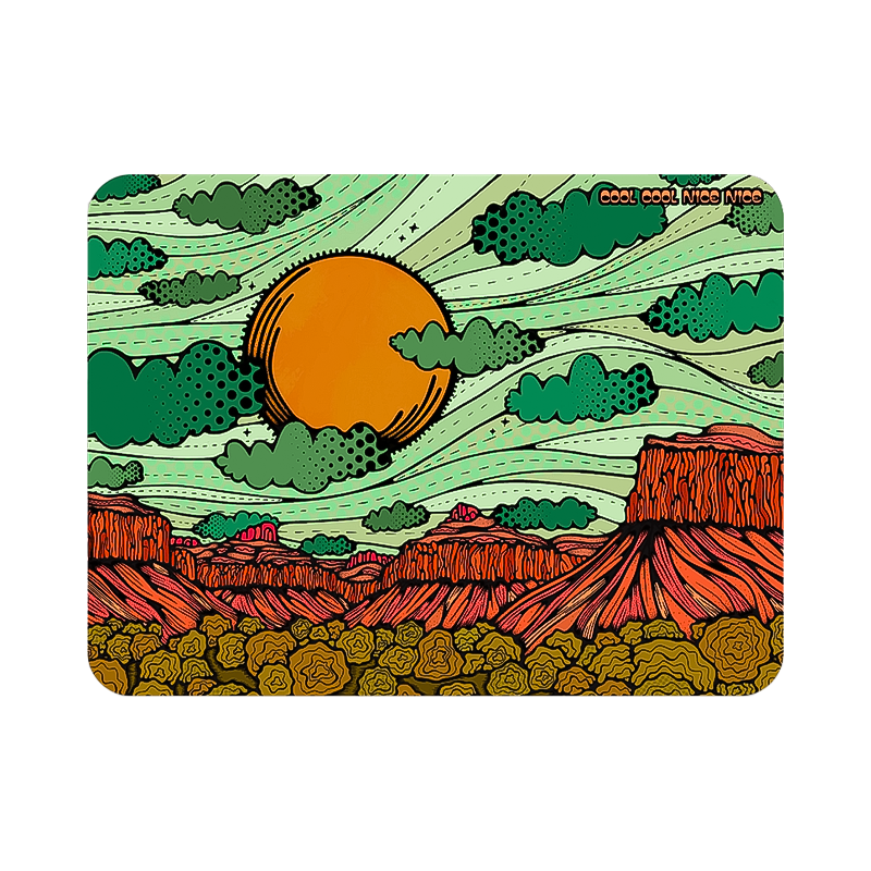 A vibrant sticker with a colorful mountain scene for an outdoor aesthetic.