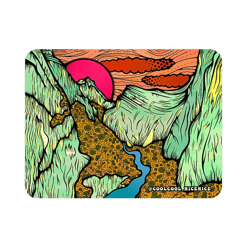 A weather-resistant sticker of a dramatic mountain scene with green cliffs, a blue river, and a vivid sunset.