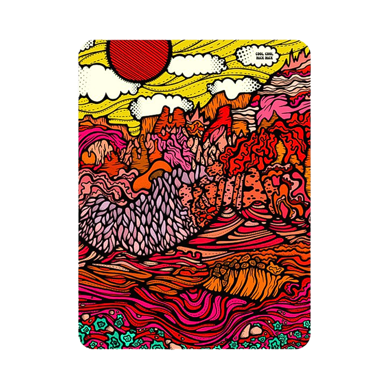 A sticker showing a lively portrayal of mountains and sun, embodying adventure and nature&#39;s beauty.