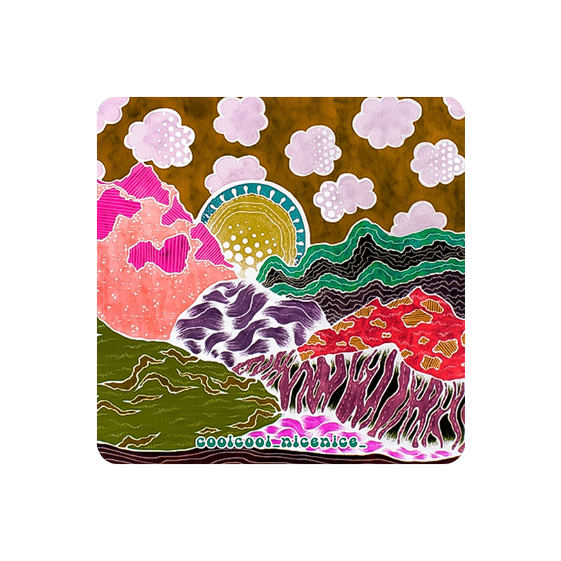 Colorful mountainscape sticker with abstract mountains, fluffy clouds, and a cheerful sun in a brown sky.