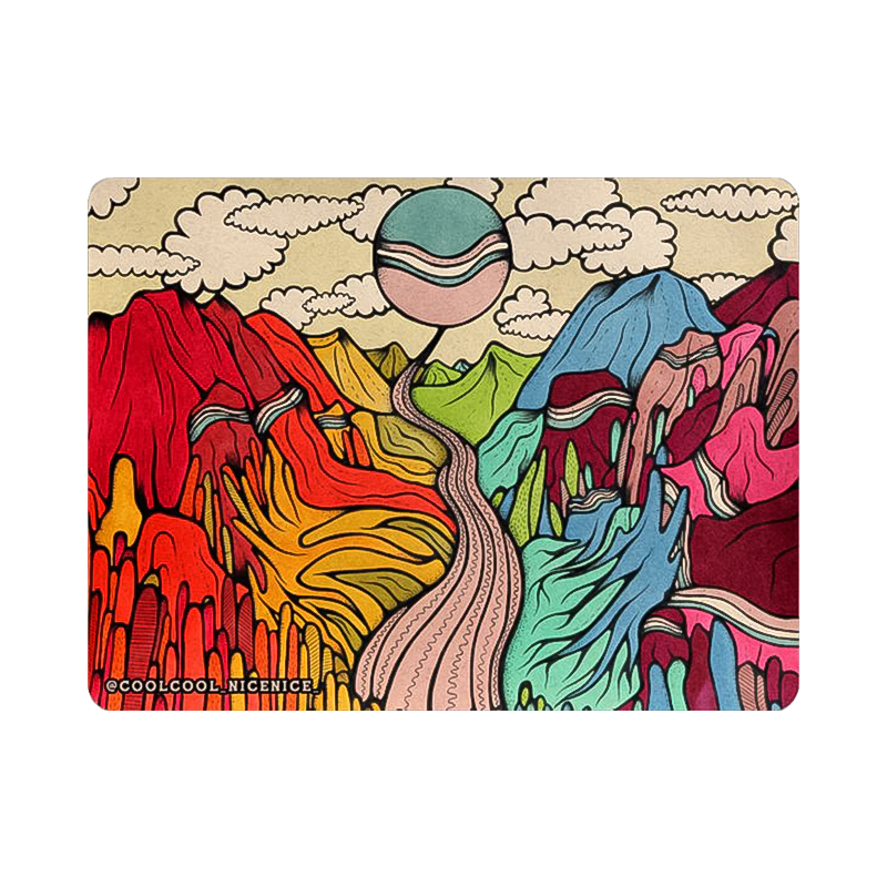 Sticker with colorful mountains and valleys with a winding river and fluffy clouds design, creating a whimsical scene.