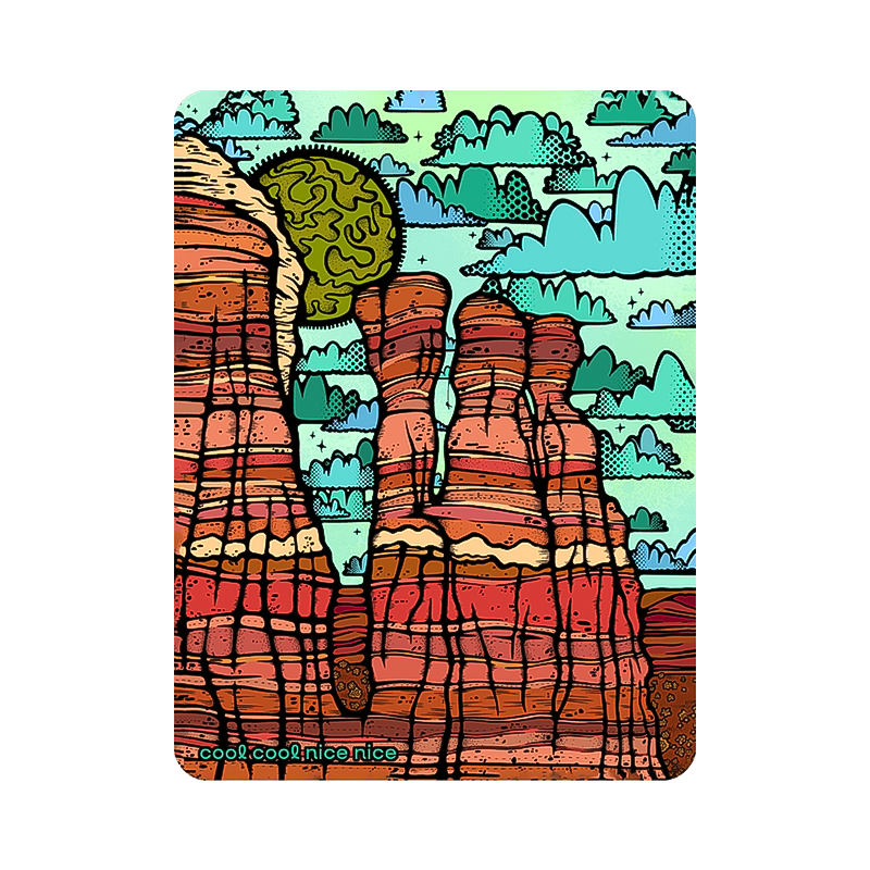 A sticker with a sandy tower illustration backdrop of a bright blue sky, showcasing a bright landscape.