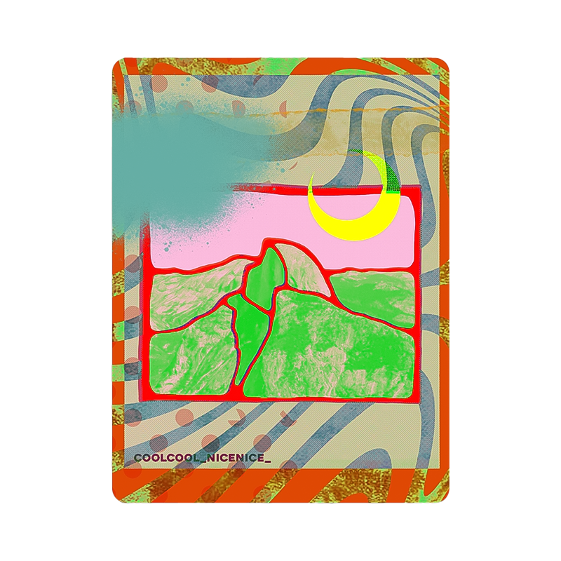 A colorful sticker with serene mountain painting under a glowing moon, highlighting nature&#39;s night sky design.