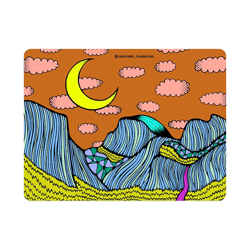 A striking sticker of mountains and a radiant moon celebrates the beauty of nature.