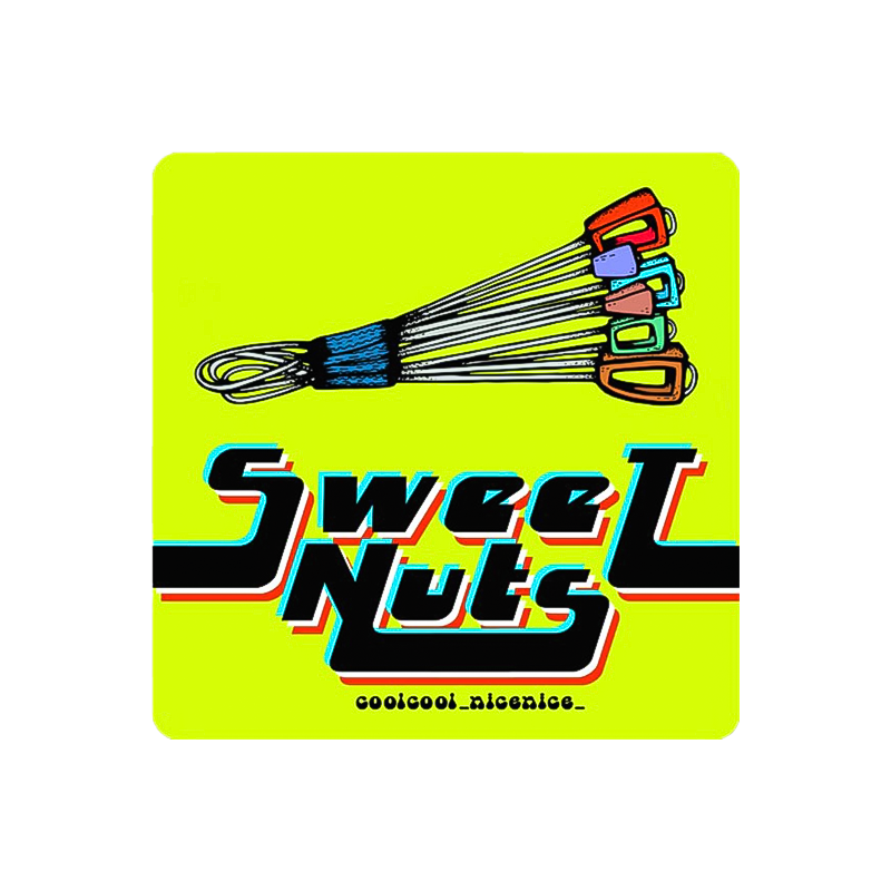 Sweet Nuts sticker on neon green, perfect for outdoor gear and personalizing items.