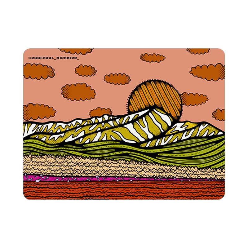 A colorful sticker design featuring mountains, clouds, and a bright sun in vivid hues.