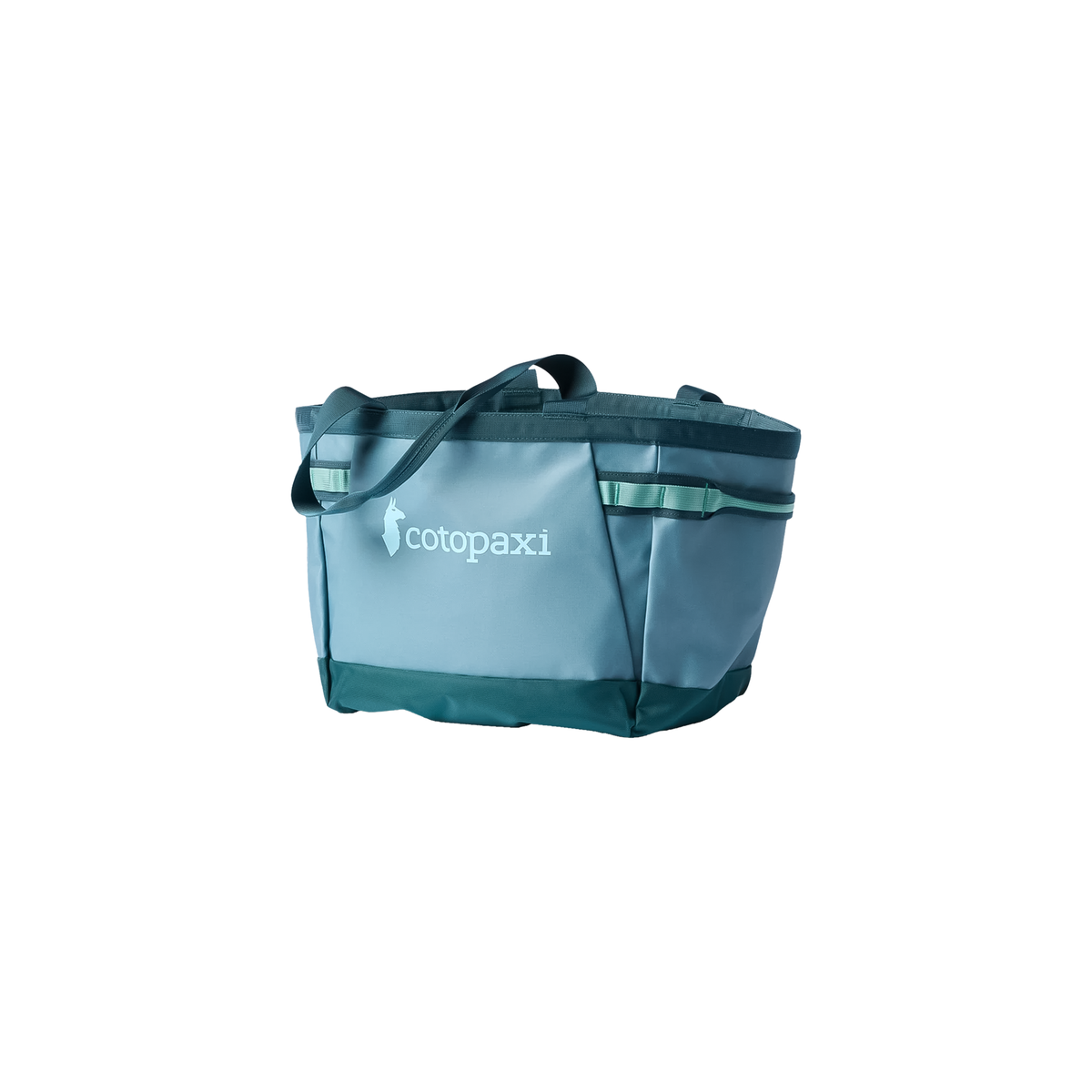Large blue green tote bag labeled "cotopaxi," designed for carrying gear, featuring durable, water-resistant materials.