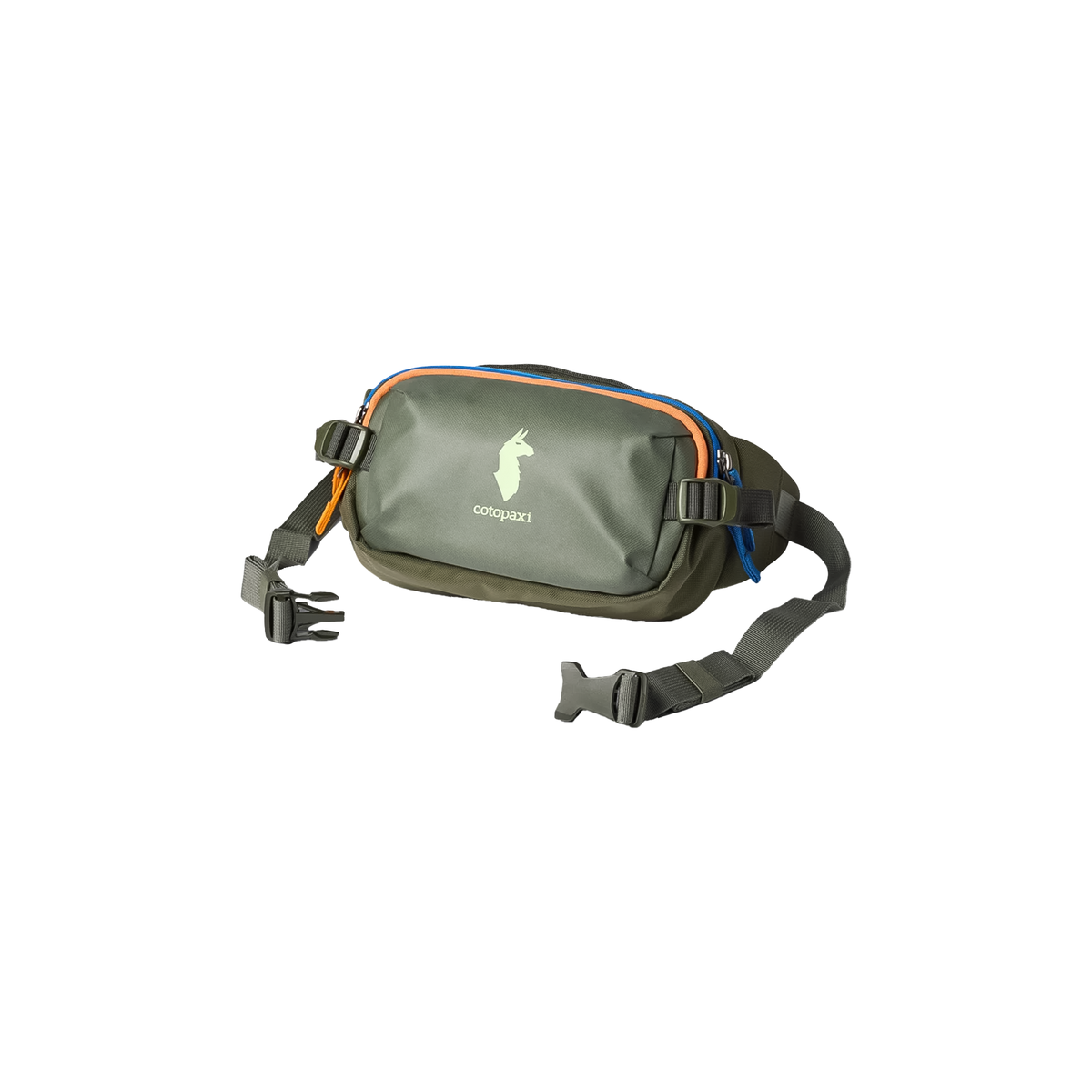 A green compact Cotopaxi Allpa X 1.5L Hip Pack in a travel setting, featuring a small logo and water-resistant design.