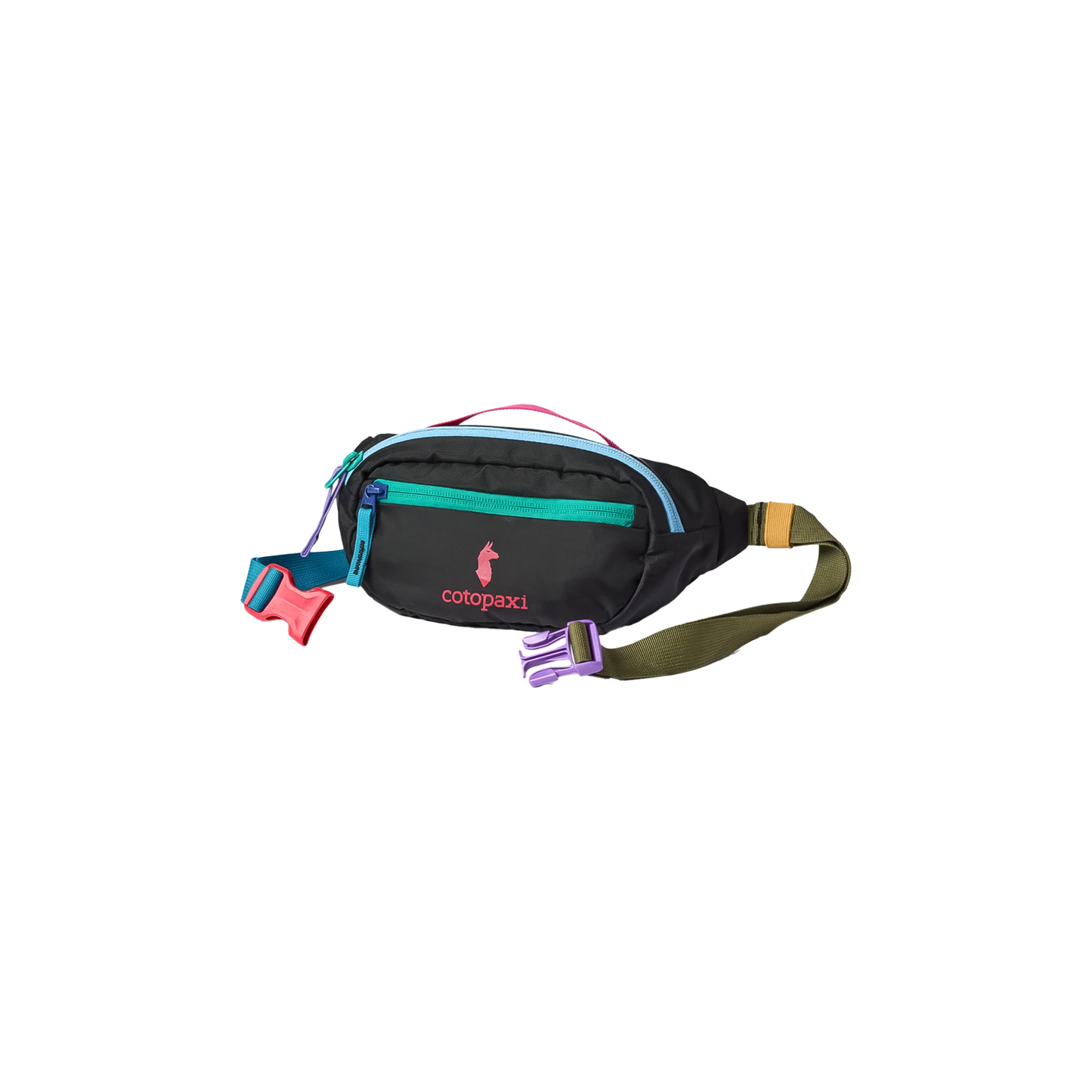 A fanny pack with a pink, blue, and olive green strap, showcasing its lightweight design and adjustable waist belt for hands-free carrying.