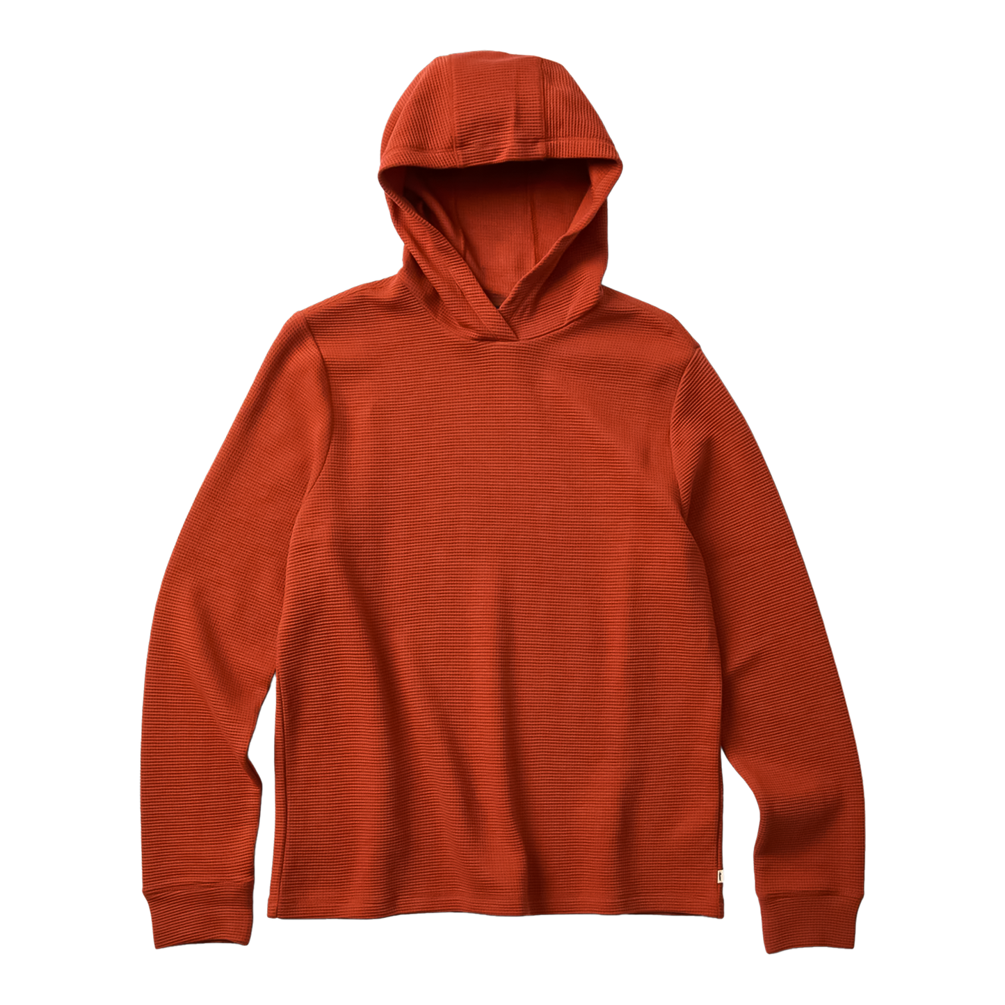 Orange hooded sweatshirt with a crossover neck design, made from soft waffle-knit cotton for comfort and breathability.