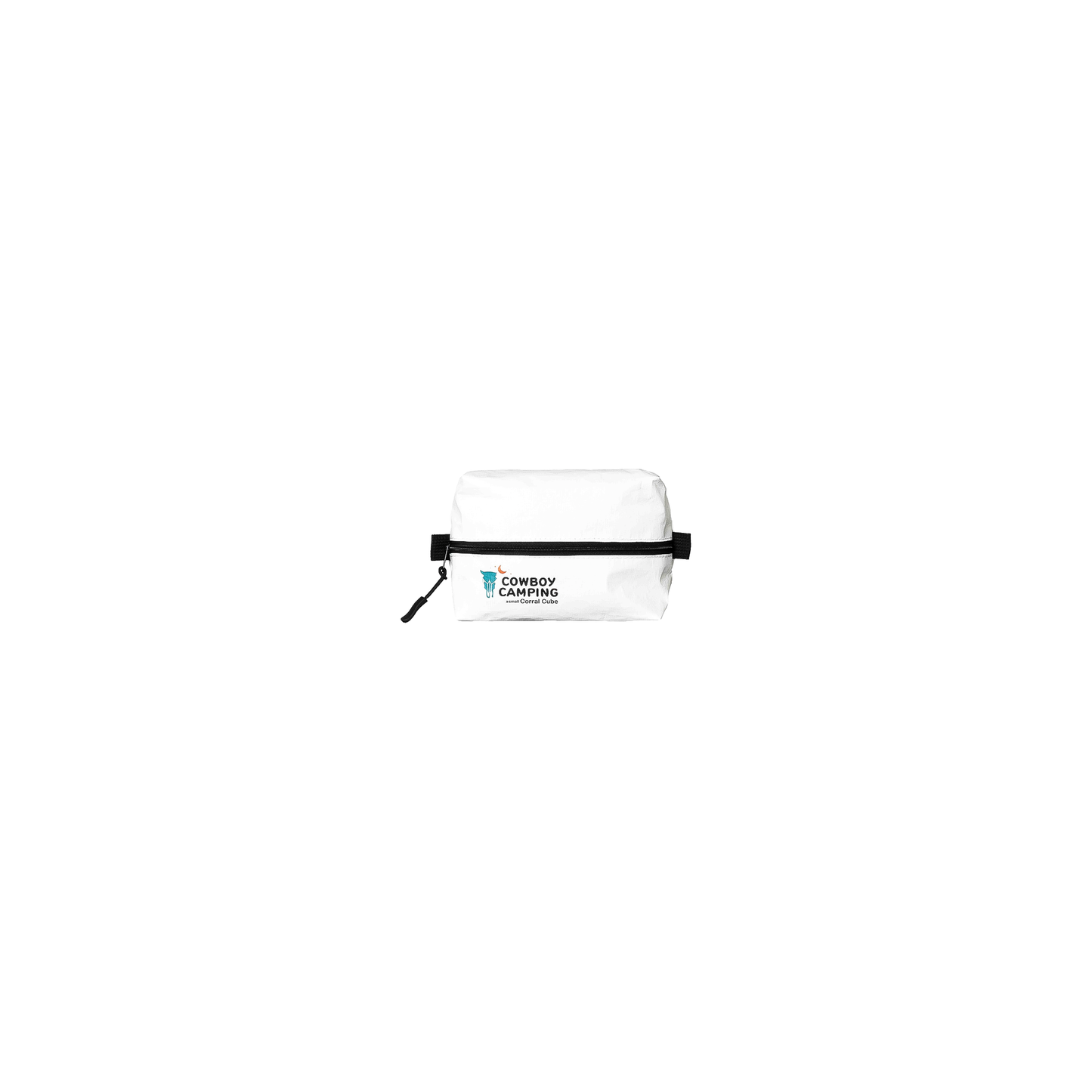 A white compact Cowboy Camping Corral Cube pouch with a black zipper, ideal for organizing gear while camping or backpacking.